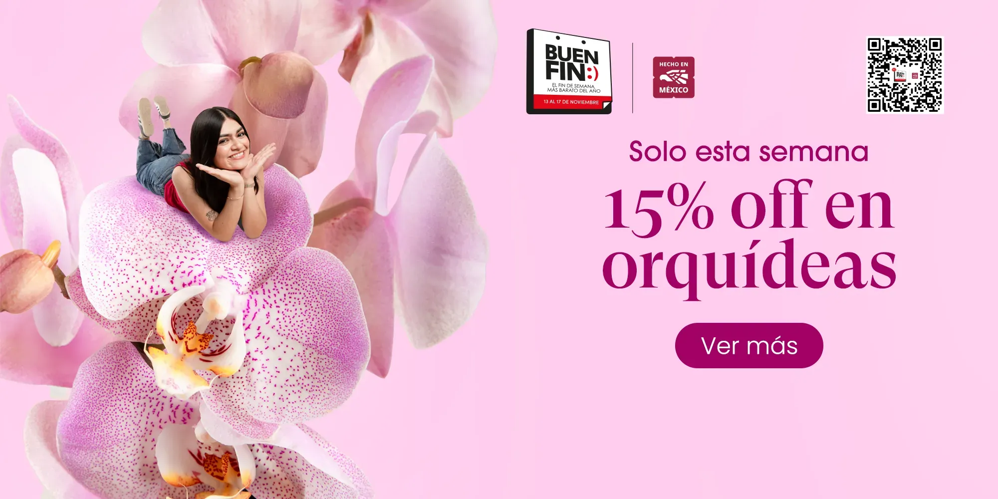 Banner Banner promocional de Enviaflores con fondo rosa y orquídeas moradas, muestra a una mujer recostada sobre una flor y el texto “15% off en orquídeas – Solo esta semana”, en promoción por el Buen Fin.